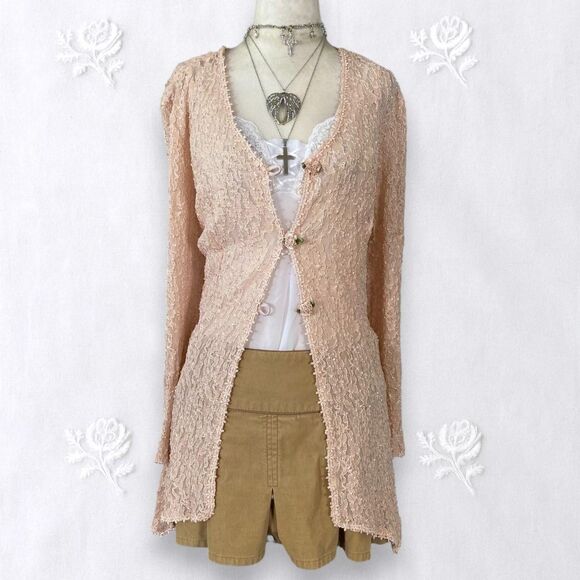 Sweaters - Blush Pink Vintage Fairy Coquette Whimsical Lace Rosebud Cardigan Plus 22 2XL